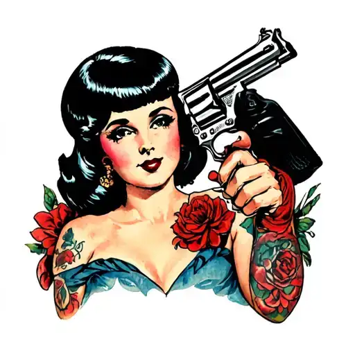 Pinup Girl With Black Bob Holding A Revolver