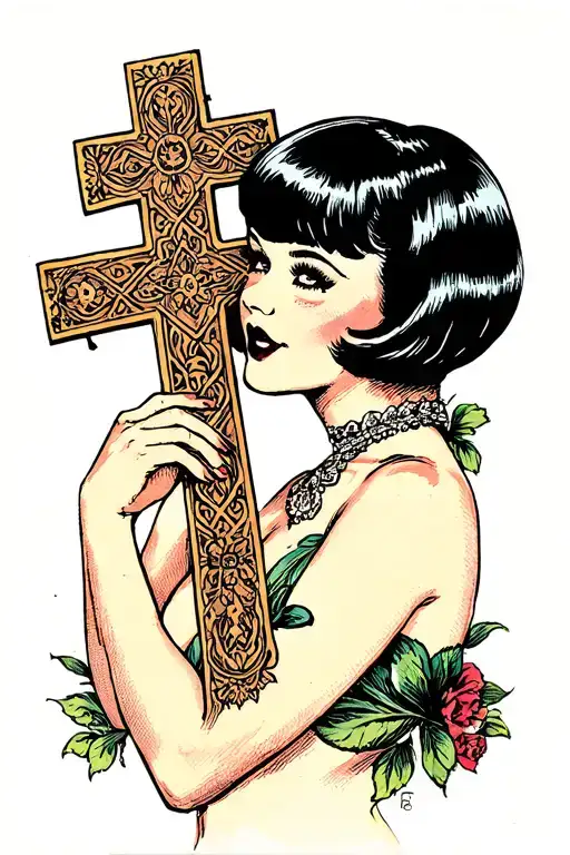 Pinup Girl With Short Black Bob Holding A Cross