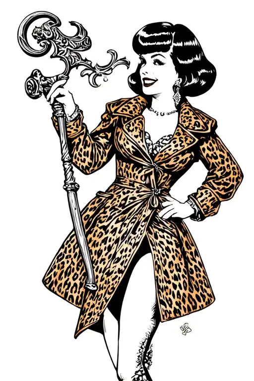 Pinup Girl With Black Bob Wearing A Cheetah Print Coat Holding A Mace