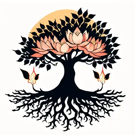 Full Sleeve Tree Silhouette With Roots Turning Into Energy And Leaves Blooming Into Lotus's