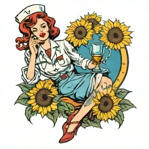 Redhead Nurse With Glass Of Wine And Sunflower