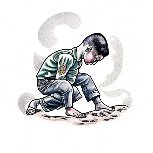 Boy Praying On His Knees While Guardian Warrior Angles Overlook