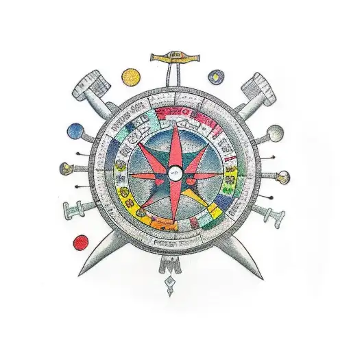 A Traditional Style Tattoo Of A Zodiac Wheel With Music Notes Representing Each Sign