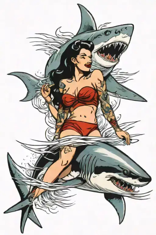 Great White Shark And Pin Up Girl Riden It