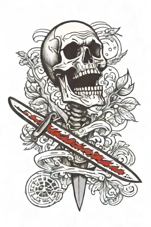 A Bloody Knife With The Reflection Of An Angry Skeleton On The Knife