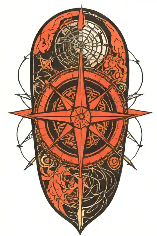 A Blackwork Tattoo Of A Compass Rose With Contour Lines And Kabuto Helmet