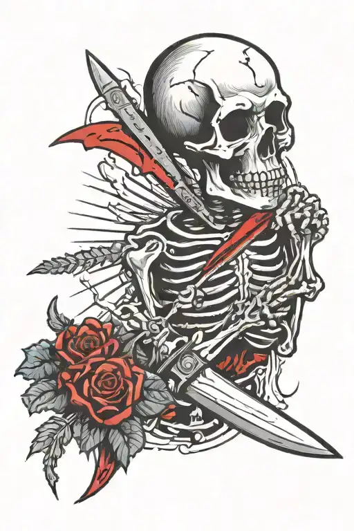 Bloody Knife With An Angry Skeleton In The Reflection Of The Knife