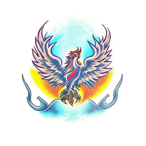 Strong But Delicate Stenciled Phoenix With Open Wings And Fire Originating From Its Tail
