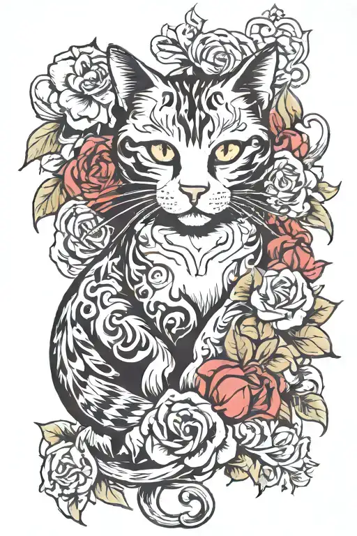 Cat With Flowers Intertwined Representing Eternal Love