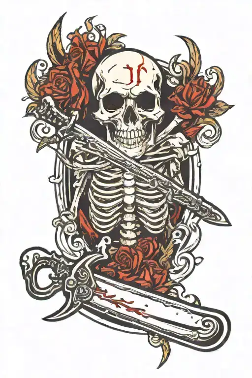 Bloody Knife With An Angry Skeleton On The Reflection Of The Knife