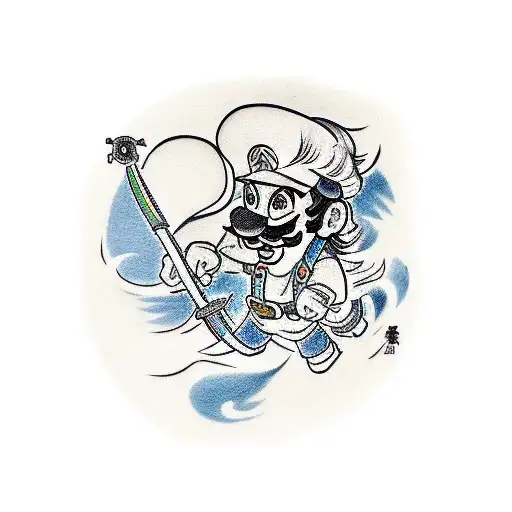 A Traditional Japanese-inspired Tattoo Of Mario Wielding A Samurai Sword