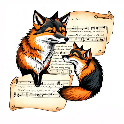 A Traditional Style Tattoo Of A Love Letter Written In Musical Notes With A Fox And Wolf Intertwined