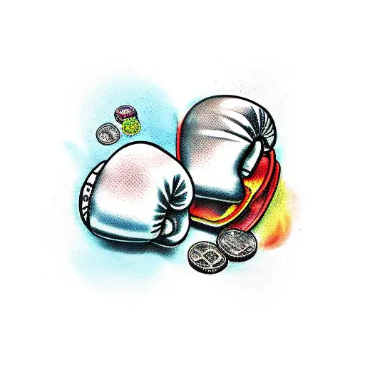 A Traditional-style Tattoo Of Boxing Gloves And A Butcher Knife Crossed Over A Pile Of Money