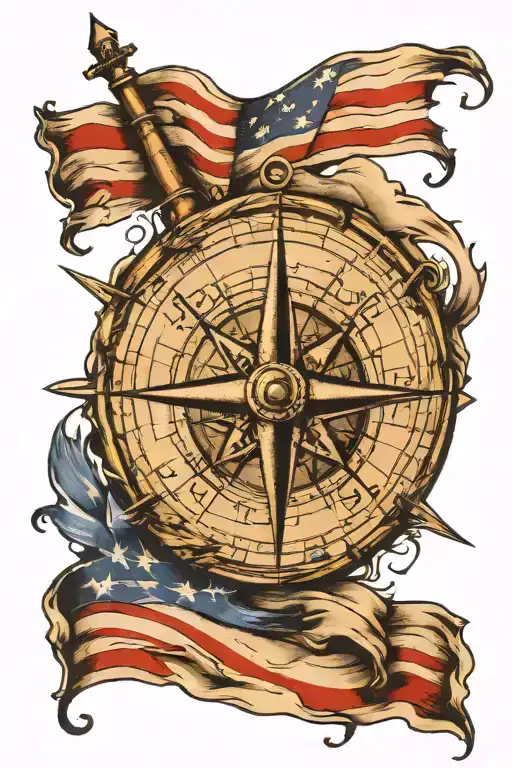 Compass With Tattered American Flag Waving