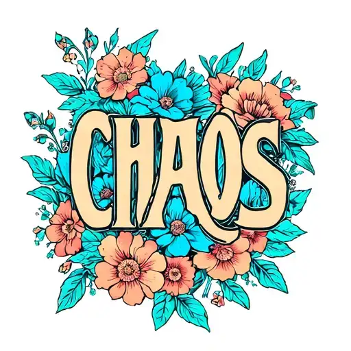 The Word Chaos In A Powder Blue Surrounded By Flowers