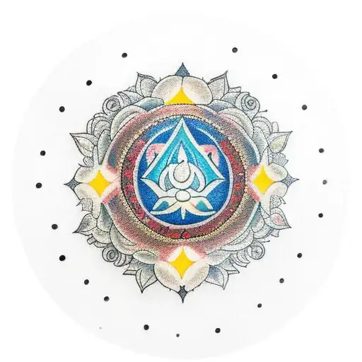 A Traditional Style Tattoo Featuring The Srivatsan Ruby Surrounded By Symbols Of Meditation And Love