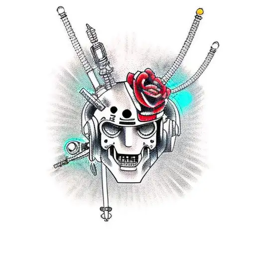 Traditional Tattoo Design Of A Cybernetic Voodoo Mask Surrounded By Cyberpunk Elements