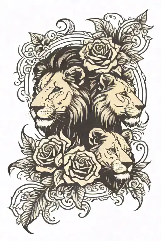 Dark Clouds Surrounding Lion And Lioness With Flowers