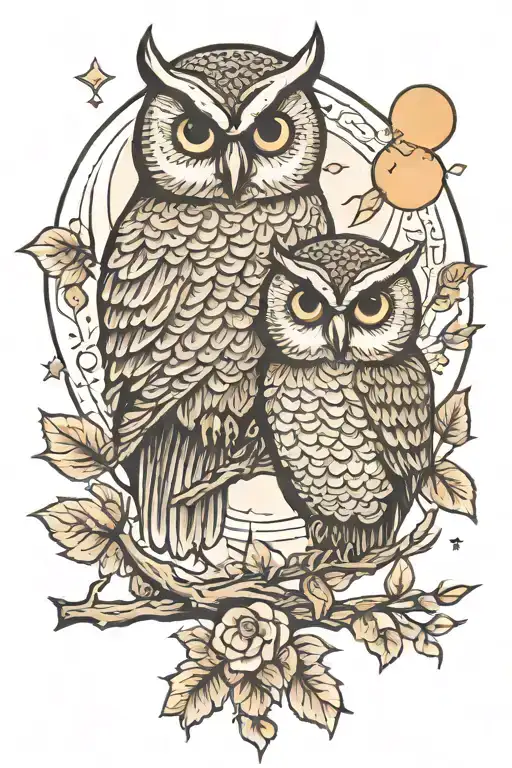 Moon Two Owls Sitting