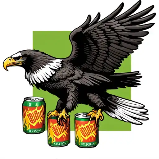 Black Eagle With Wings Spread With Golden Energy Drink Cans In Legs On Green Background