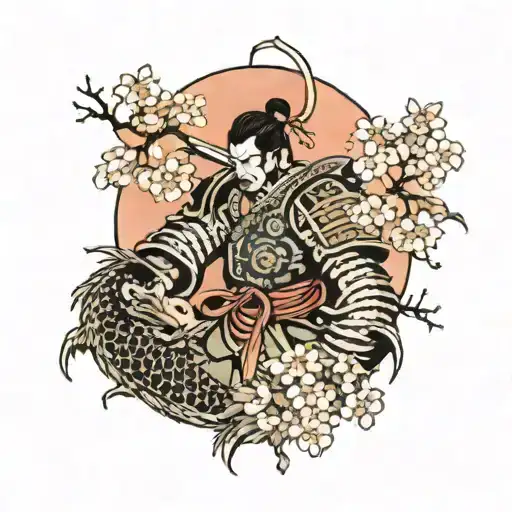 Japanese Samurai In Front With Cherry Blossom Tree Behind And Dragon Intertwined