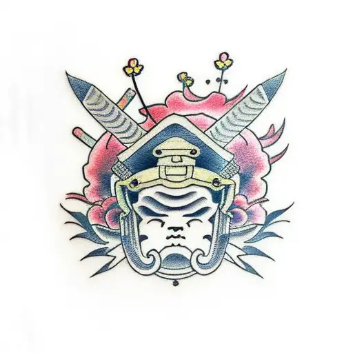 Samurai Helmet With Cherry Blossom Background