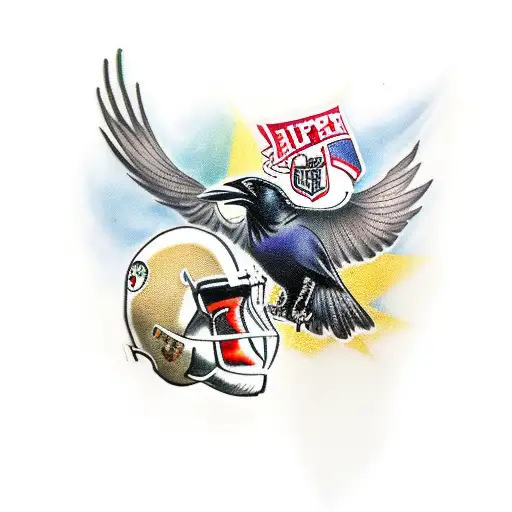 A Traditional Tattoo Of A Raven Perched On A Football Helmet With The Super Bowl Logo