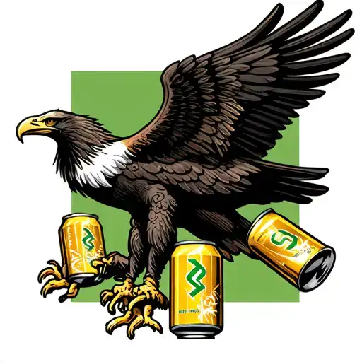 Black Eagle With Wings Spread With Golden Energy Drink Cans In Legs On Green Background