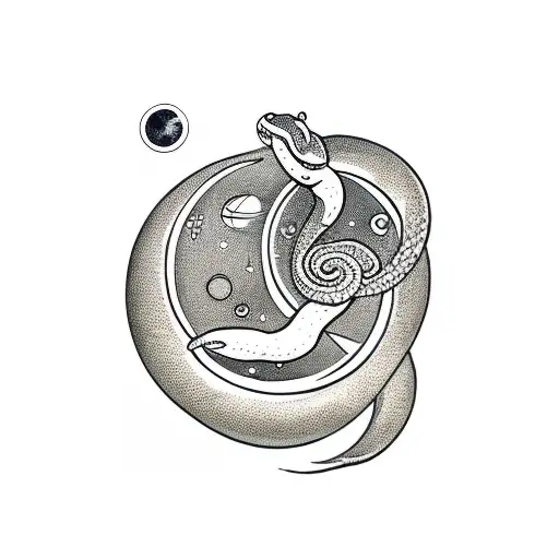 A Traditional Style Tattoo Of A Snake Coiled Around A Moon In Space