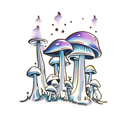 A Peaceful Walk Through A Mystical Mushroom Forest With Architectural Wonders In The Background