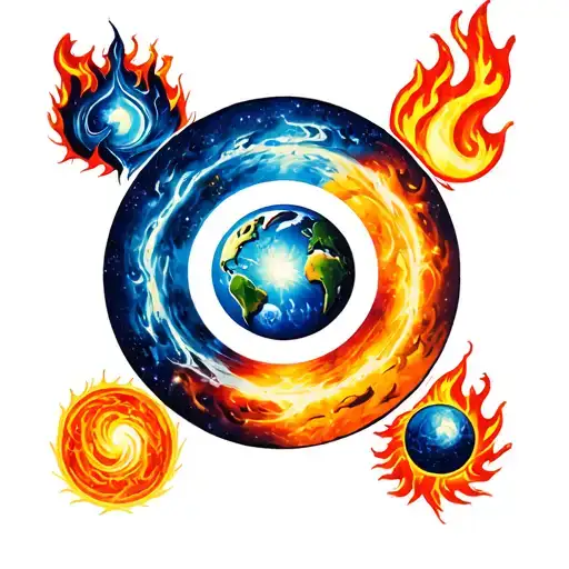 Five Fold Symbol With Fire Air Water And Earth In Each Circle And Universe In Centre Circle
