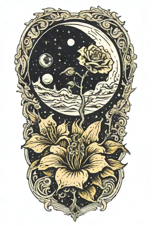 An Anatomically Correct Illustration Of A Flower Growing On A Planet With A Moon In The Background