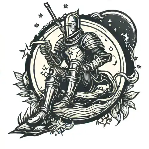 Knight Sitting In A Bonfire With The Moon And Stars On Top