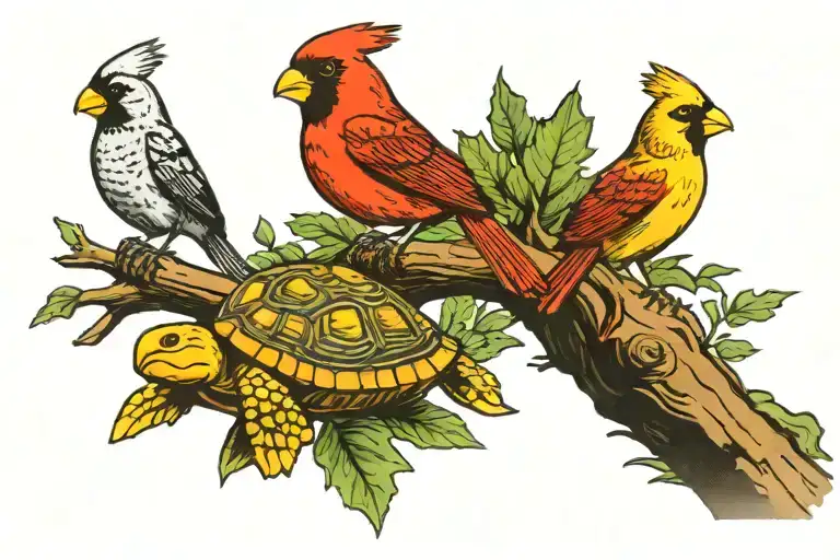 Cardinal And Turtle Sitting On A Log