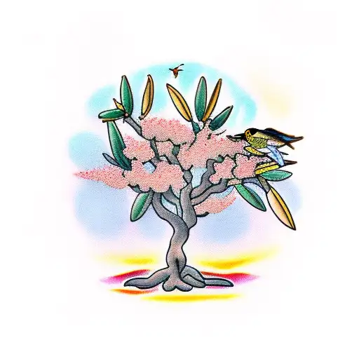 Olive Tree With Flowers And Birds