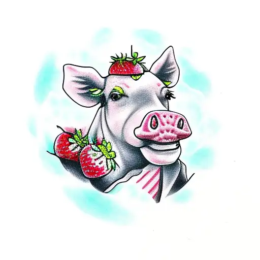 Pink Cow Walking With Strawberry Milk Carton And Strawberries