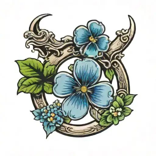 A Horseshoe As The Centerpiece Witha Blue Flower On Top And A Four Leaf Clover Centered At The Base