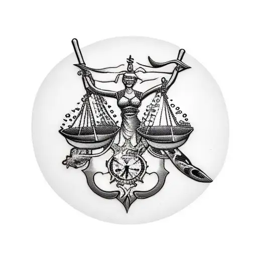 Lady Justice With Clock And Skulls And Koi Fish