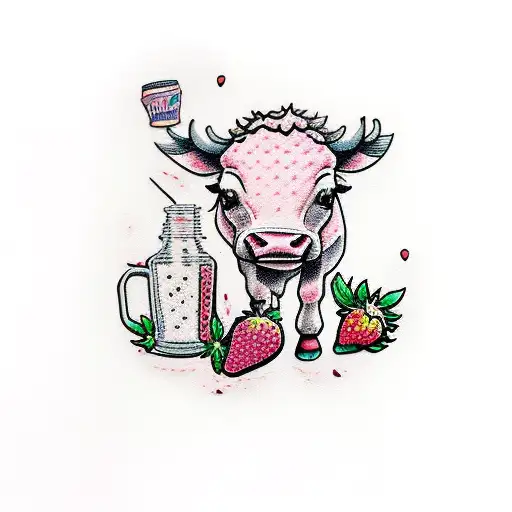 Pink Strawberry Cow Walking With Strawberry Milk Carton And Strawberries American Traditional
