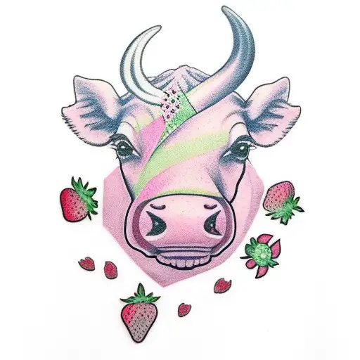 Pink Cow Walking With Strawberry Milk Carton And Strawberries