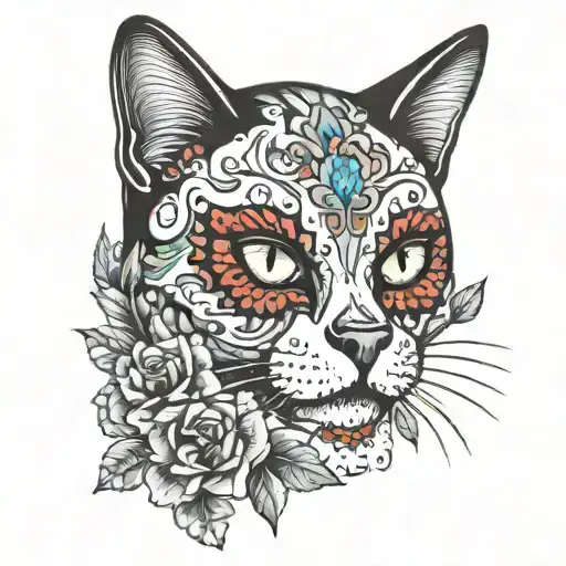 Cat Face On Colour Sugar Skull Adorned Skull Surrounded