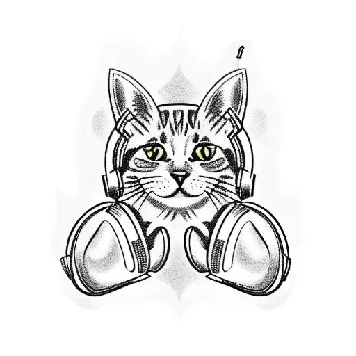 A Traditional-style Tattoo Of A Cat Wearing Headphones With Musical Symbols In The Background