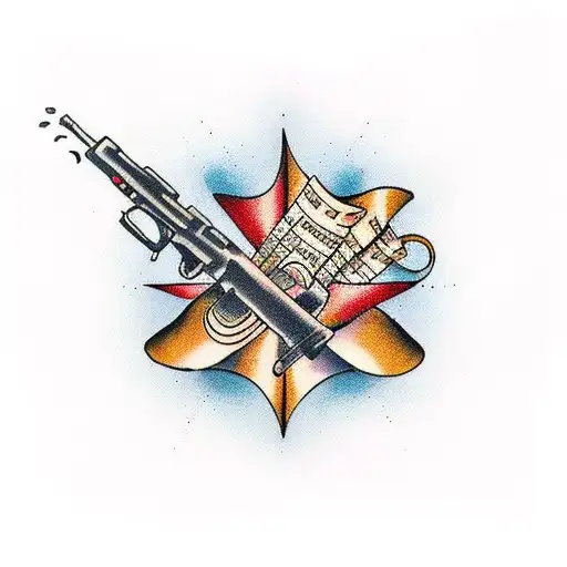 A Gun Wrapped In A Country Music Sheet With Coffee Beans Scattered Around