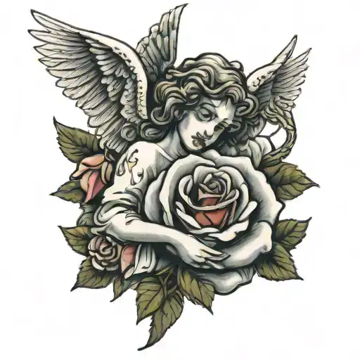 A Crying Angel Holding A Rose Entwined In A Chain