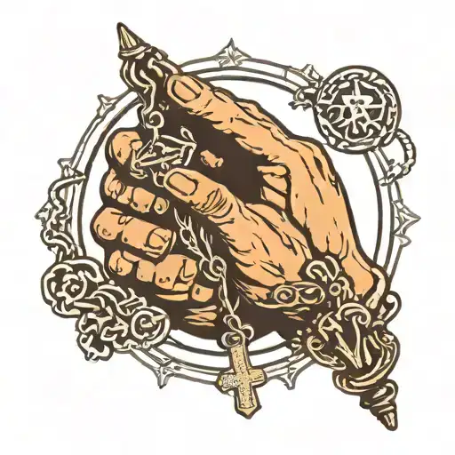 Praying Hands Holding A Rosary With A Parking Symbol Attached To End Of Rosary