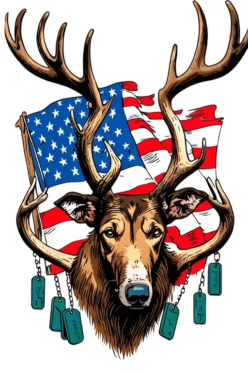 American Flag And Dog Tags Hanging Off Of Antlers