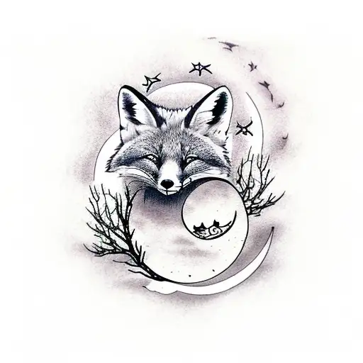 Red Fox With A Tree And A Moon
