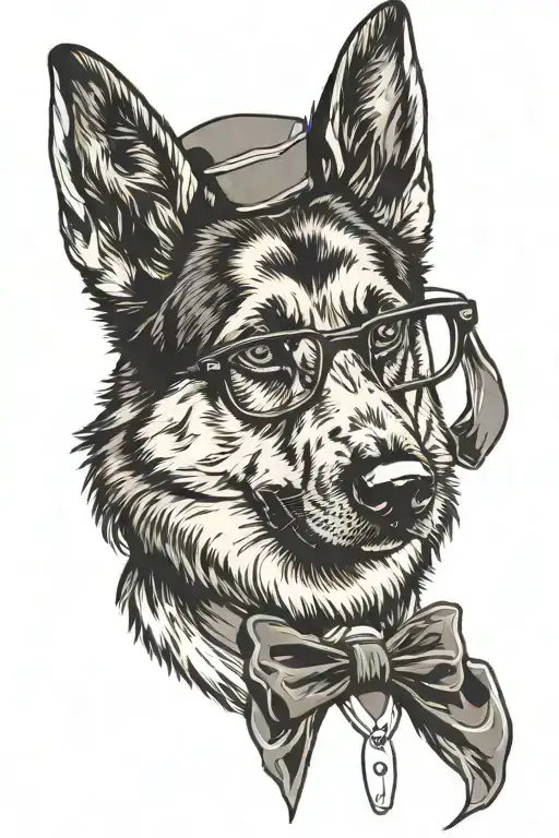 German Shepherd That Works In Computers Wearing Glasses And A Bow Tie