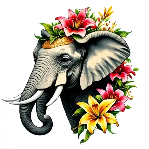 Elephant Head Surrounding Lilies