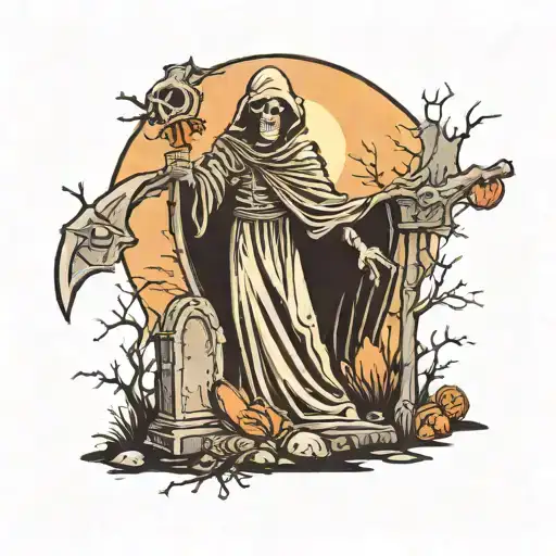 Grim Reaper In Cemetery Scene With Tombstones